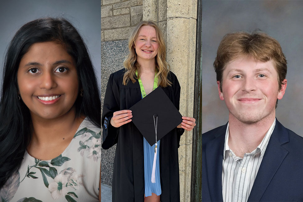 Three side-by-side portraits of individuals smiling at the camera