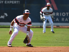 Two male baseball players on the baseball diamond
