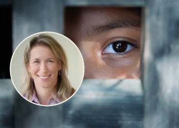Heidi Schaeffer's headshot and a close-up of a person&rsquo;s eye peering through a narrow wooden opening, with grey wood framing the view