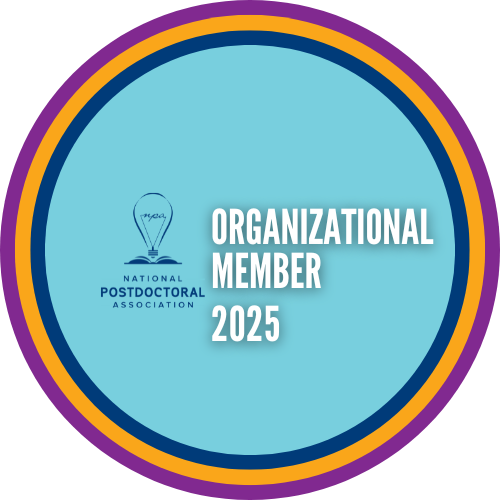 A circular membership badge with multiple colored borders - purple outer ring, orange middle ring, and dark blue inner ring - surrounding a light blue center. The badge displays 'ORGANIZATIONAL MEMBER 2025' in white text, along with the National Postdoctoral Association logo featuring a lightbulb icon and the organization's name in smaller text.